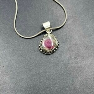 Sterling‎ Silver 925 Watermelon Tourmaline Pendant Necklace16" Chain Bezel